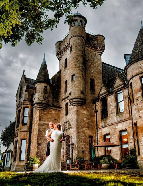 Bride and Groom outside Broomhall Castle in Clackmannanshire